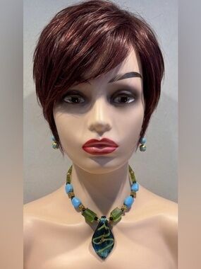 Artisan Dichroic Glass Pendant Necklace & Earring Set - Teal, Green, Gold